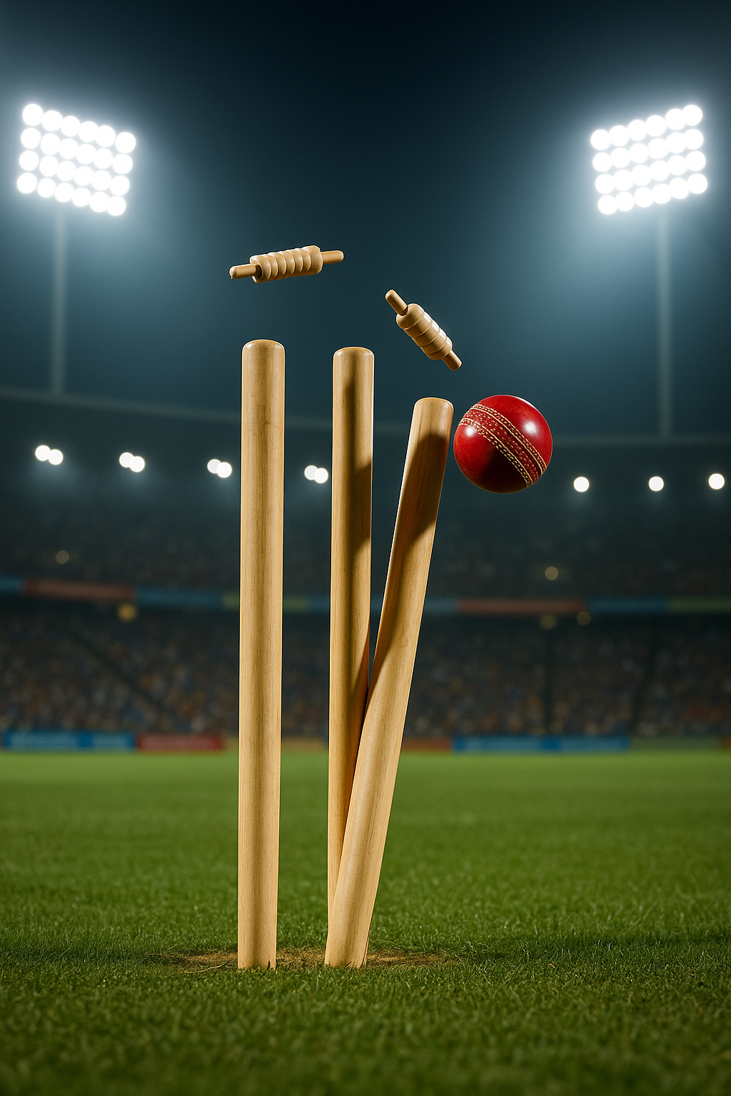 Bails flying as the bowler hits the stumps.